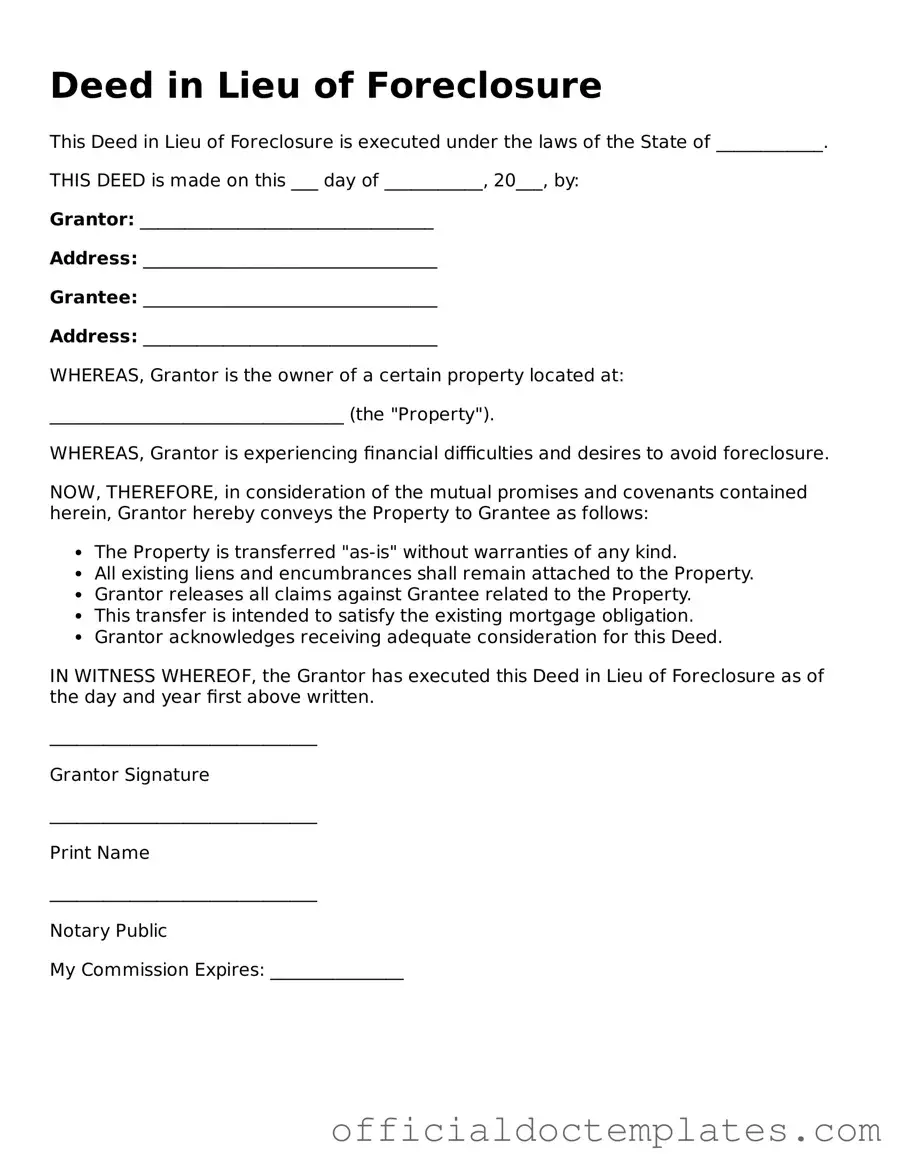 Fillable Deed in Lieu of Foreclosure Template