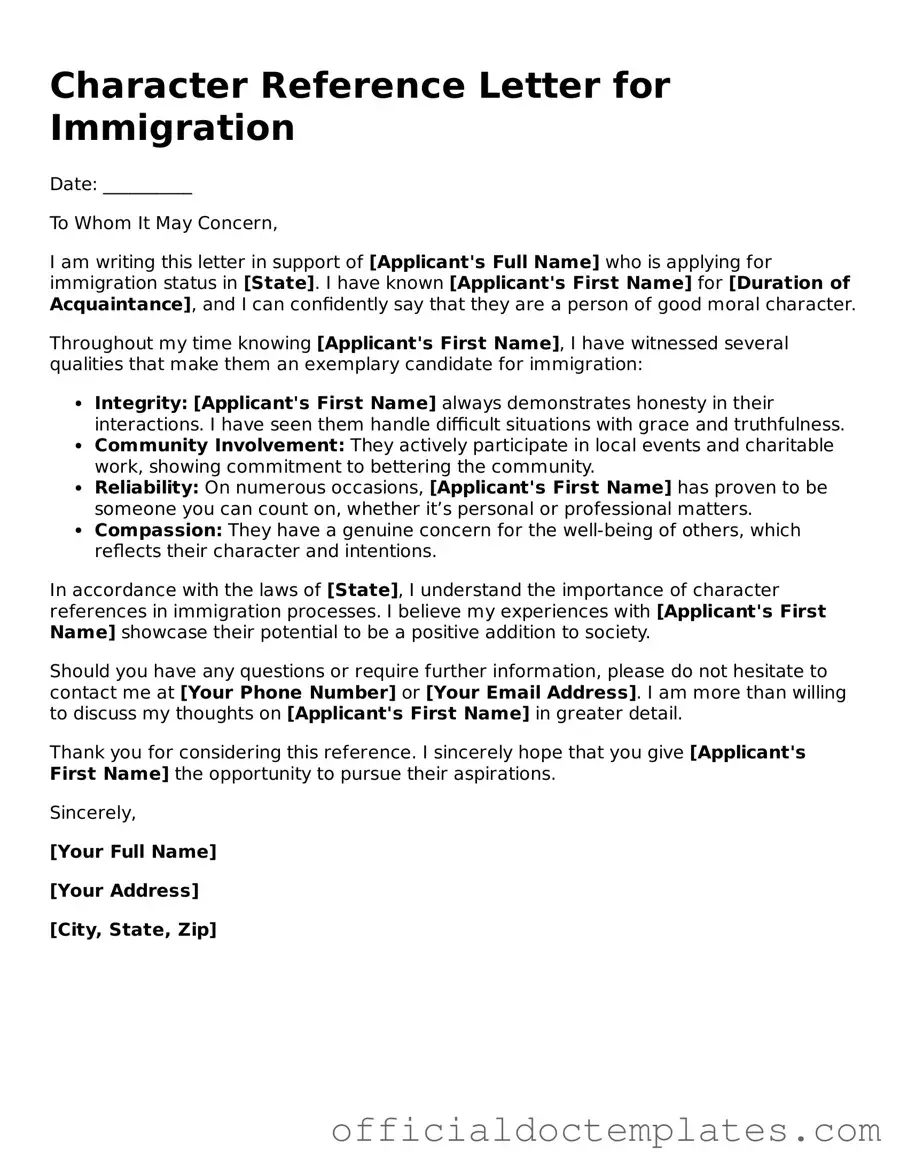 Fillable Character Reference Letter for Immigration Template