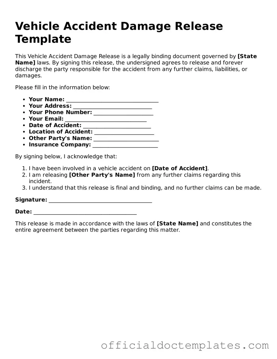 Fillable Vehicle Accident Damage Release Template