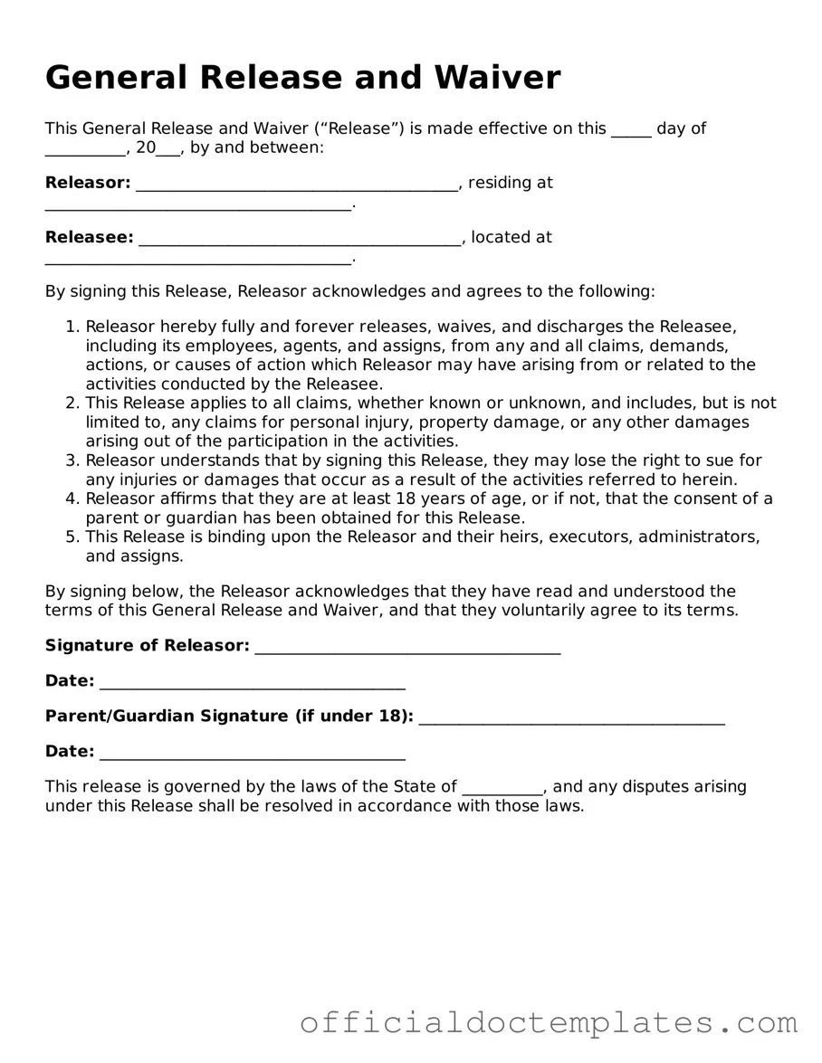 Fillable General Release and Waiver Template