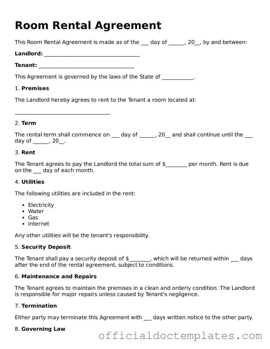 Fillable Room Rental Agreement Template