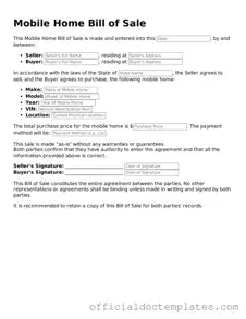 Fillable Mobile Home Bill of Sale Template