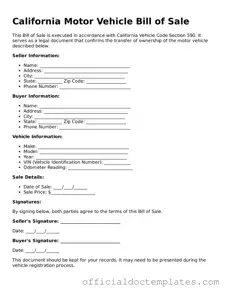 Free Motor Vehicle Bill of Sale Form for the State of California