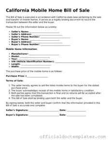 Free Mobile Home Bill of Sale Form for the State of California