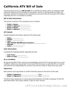 Free ATV Bill of Sale Form for the State of California