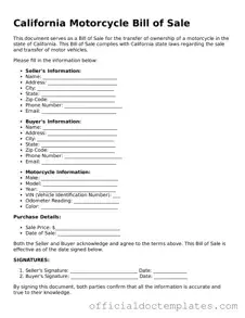 Free Motorcycle Bill of Sale Form for the State of California