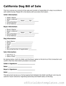 Free Dog Bill of Sale Form for the State of California