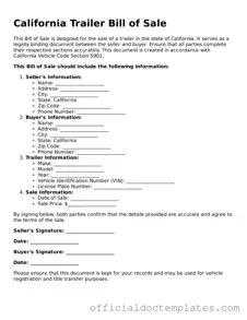 Free Trailer Bill of Sale Form for the State of California
