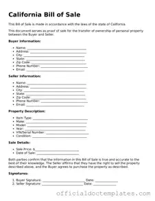 Free Bill of Sale Form for the State of California