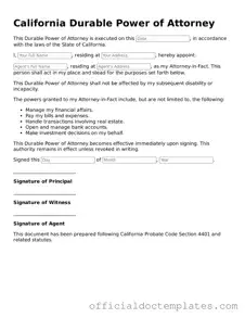 Free Durable Power of Attorney Form for the State of California