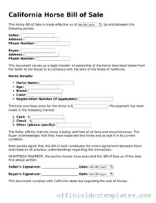 Free Horse Bill of Sale Form for the State of California