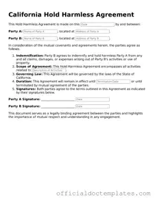 Free Hold Harmless Agreement Form for the State of California