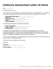 Free Homeschool Letter of Intent Form for the State of California