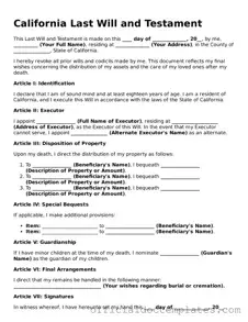 Free Last Will and Testament Form for the State of California