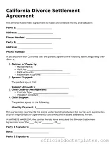 Free Divorce Settlement Agreement Form for the State of California