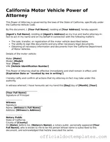 Free Motor Vehicle Power of Attorney Form for the State of California