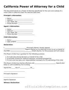 Free Power of Attorney for a Child Form for the State of California