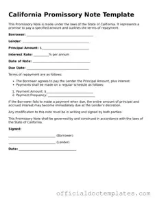 Free Promissory Note Form for the State of California
