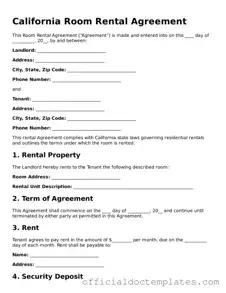 Free Room Rental Agreement Form for the State of California