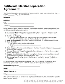 Free Marital Separation Agreement Form for the State of California