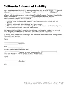 Free Release of Liability Form for the State of California