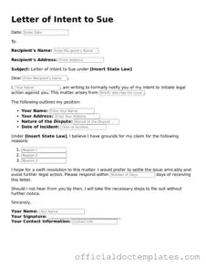 Fillable Letter of Intent to Sue Template