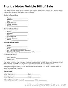 Free Motor Vehicle Bill of Sale Form for the State of Florida