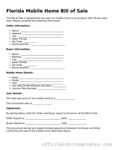 Free Mobile Home Bill of Sale Form for the State of Florida