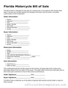 Free Motorcycle Bill of Sale Form for the State of Florida