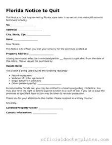 Free Notice to Quit Form for the State of Florida