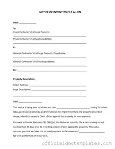 Fill Your Intent To Lien Florida Template