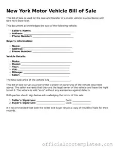 Free Motor Vehicle Bill of Sale Form for the State of New York