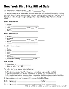 Free Dirt Bike Bill of Sale Form for the State of New York