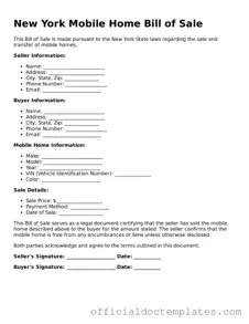 Free Mobile Home Bill of Sale Form for the State of New York