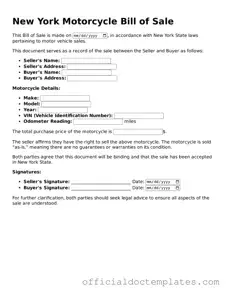 Free Motorcycle Bill of Sale Form for the State of New York