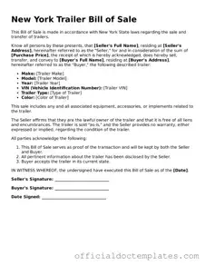 Free Trailer Bill of Sale Form for the State of New York