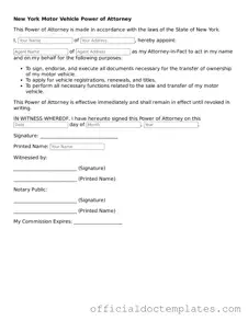 Free Motor Vehicle Power of Attorney Form for the State of New York
