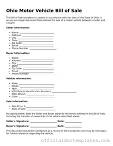Free Motor Vehicle Bill of Sale Form for the State of Ohio