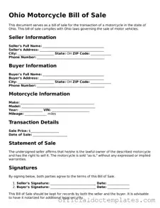 Free Motorcycle Bill of Sale Form for the State of Ohio