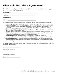 Free Hold Harmless Agreement Form for the State of Ohio