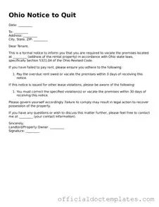 Free Notice to Quit Form for the State of Ohio