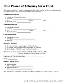 Free Power of Attorney for a Child Form for the State of Ohio