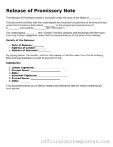 Fillable Release of Promissory Note Template