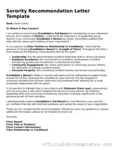 Fillable Sorority Recommendation Letter Template