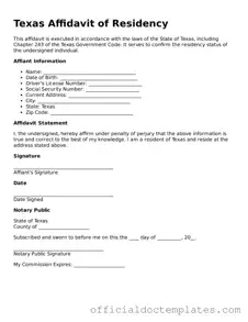 Free Affidavit of Residency Form for the State of Texas