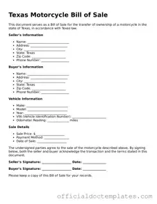 Free Motorcycle Bill of Sale Form for the State of Texas