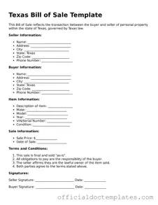 Free Bill of Sale Form for the State of Texas