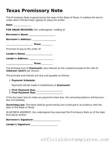 Free Promissory Note Form for the State of Texas