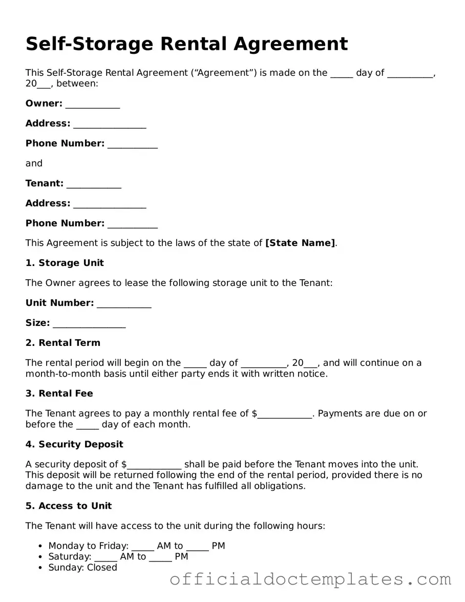 Fillable Self-Storage Rental Agreement Template