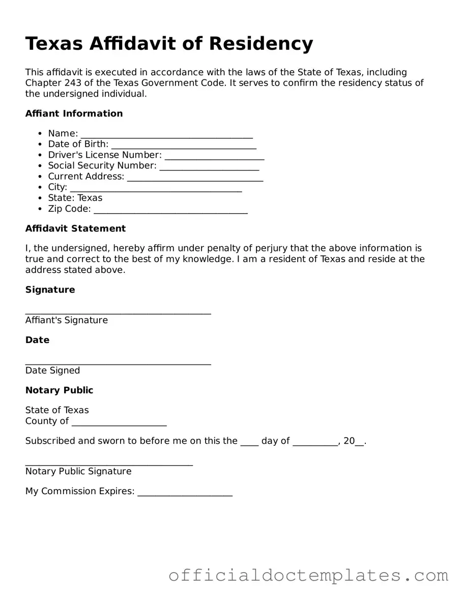 Free Affidavit of Residency Form for the State of Texas